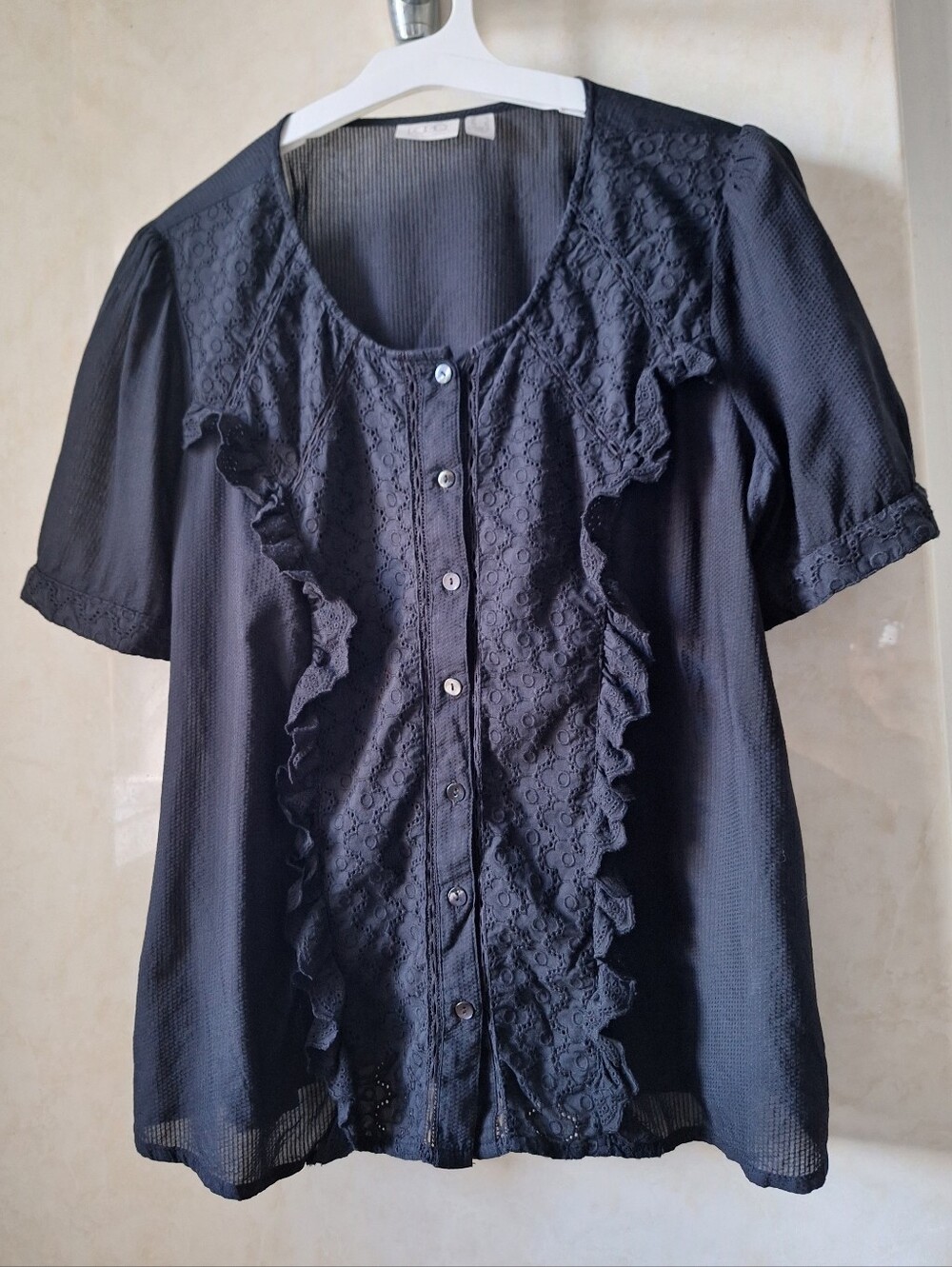 LOGO Lori Goldstein L Black Blouse Top Eyelette ruffle